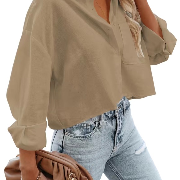 Boyfriend Crop Button Shirt, Casual Pocket Long Sleeve Shirt For Spring & summer - Picture 2 of 3